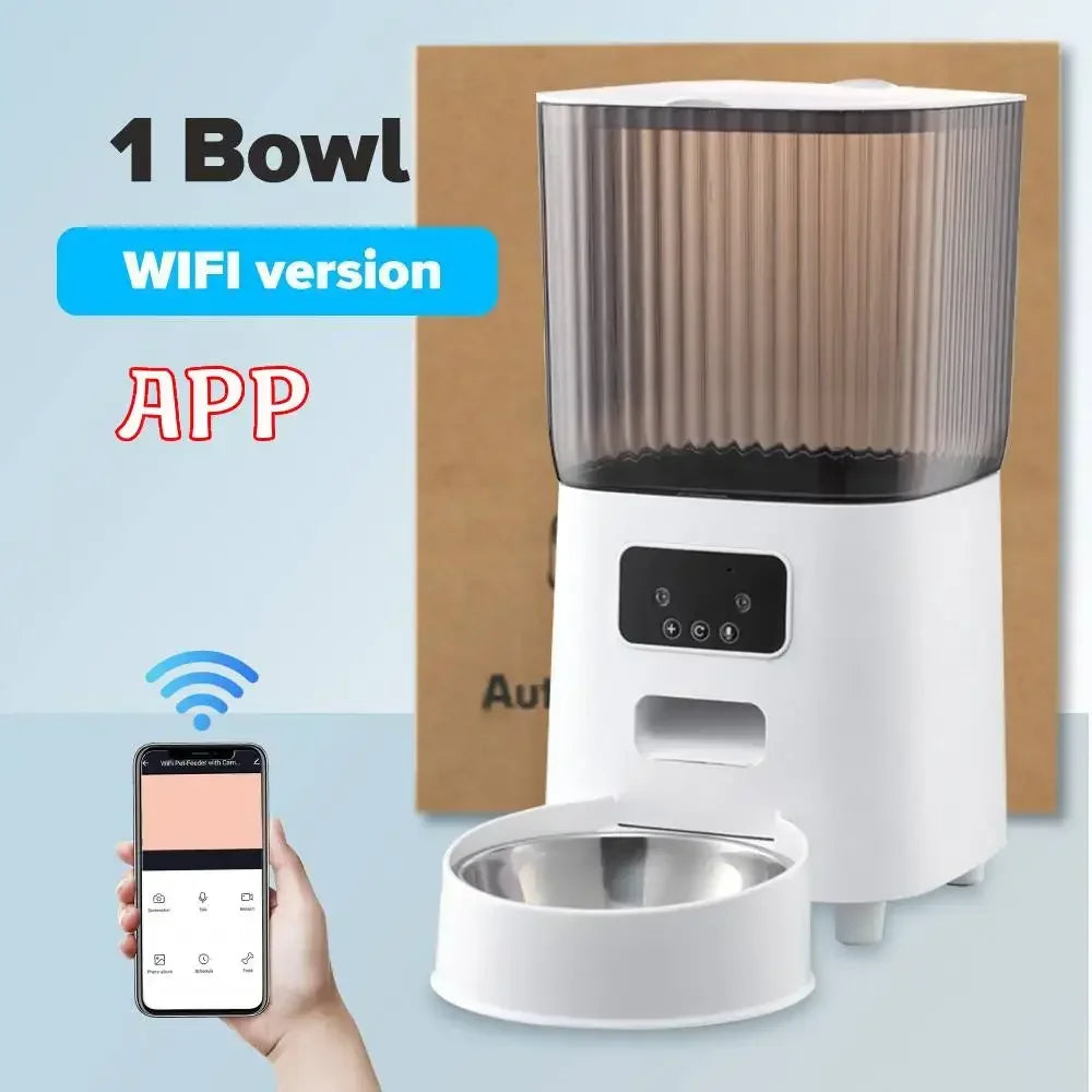 FanzyMarket 5L smart WiFi pet feeder with HD camera, stainless steel bowl, automatic food dispenser, and programmable timer.