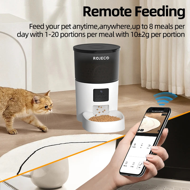 FanzyMarket automatic pet feeder with camera and voice recorder, remote-controlled food dispenser for cats and small dogs.