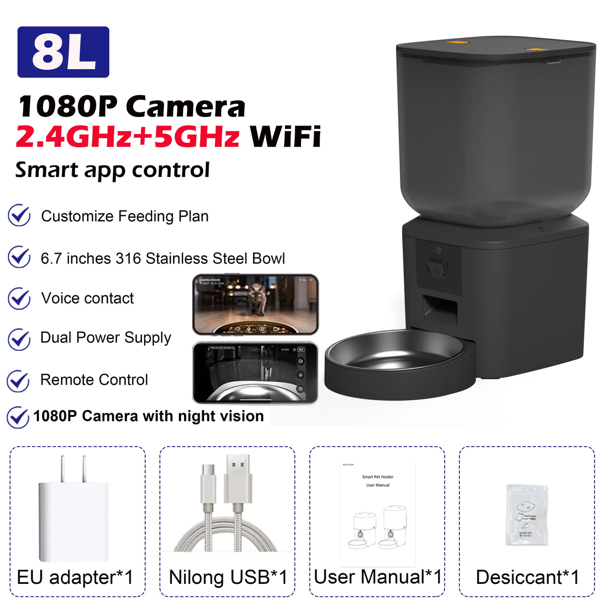 FanzyMarket 8L automatic pet feeder with 1080P camera, stainless steel bowl, WiFi, app control, and voice recorder for pet feeding.