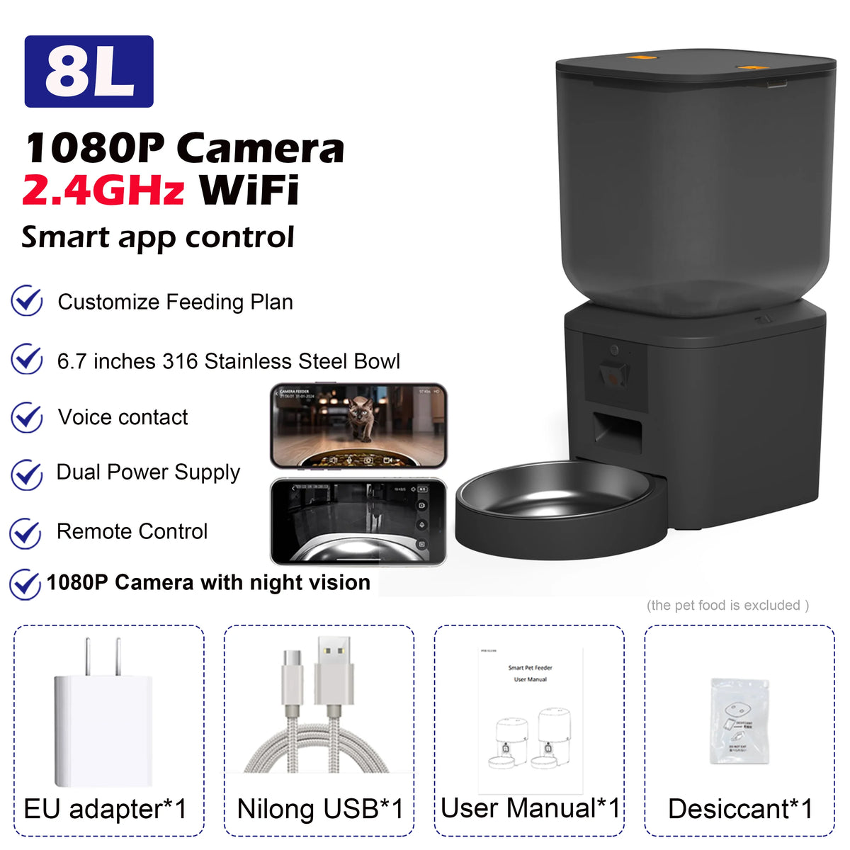 FanzyMarket 8L automatic pet feeder with 1080p camera, stainless steel bowl, WiFi, app control, and voice recorder for pet feeding.