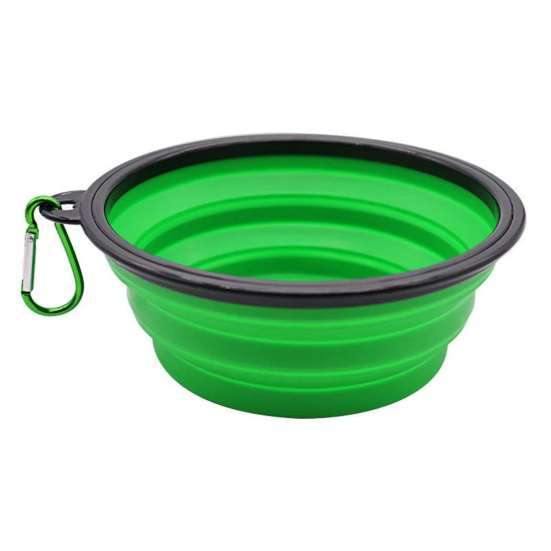 Green collapsible TPR travel pet bowl for dogs and cats, showing a 650ml capacity, portable design for food and water.