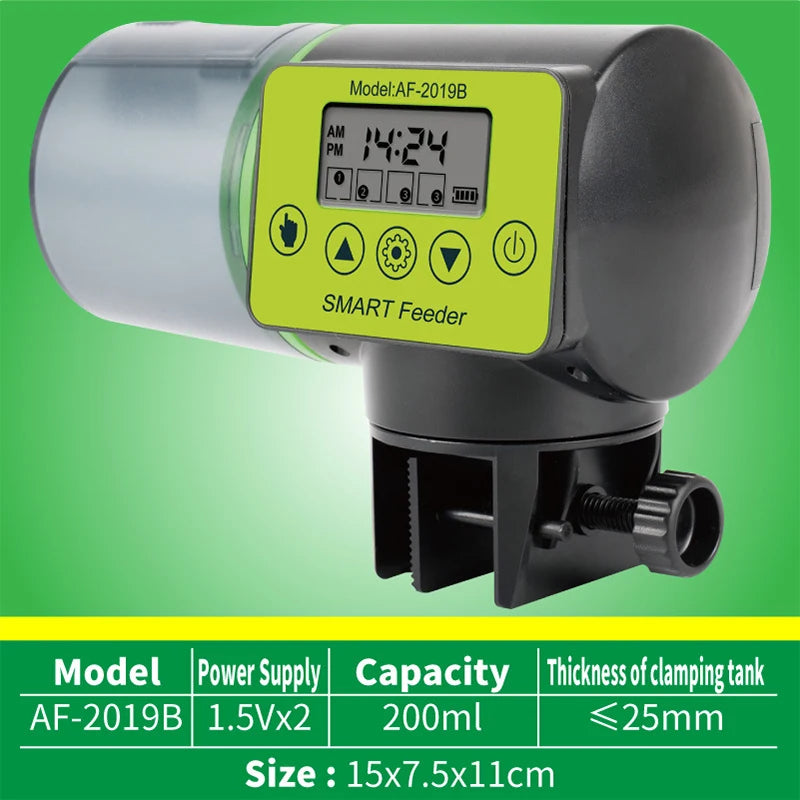 FanzyMarket smart automatic fish feeder with digital timer, electric aquarium food dispenser, 200ml capacity for pet feeding.