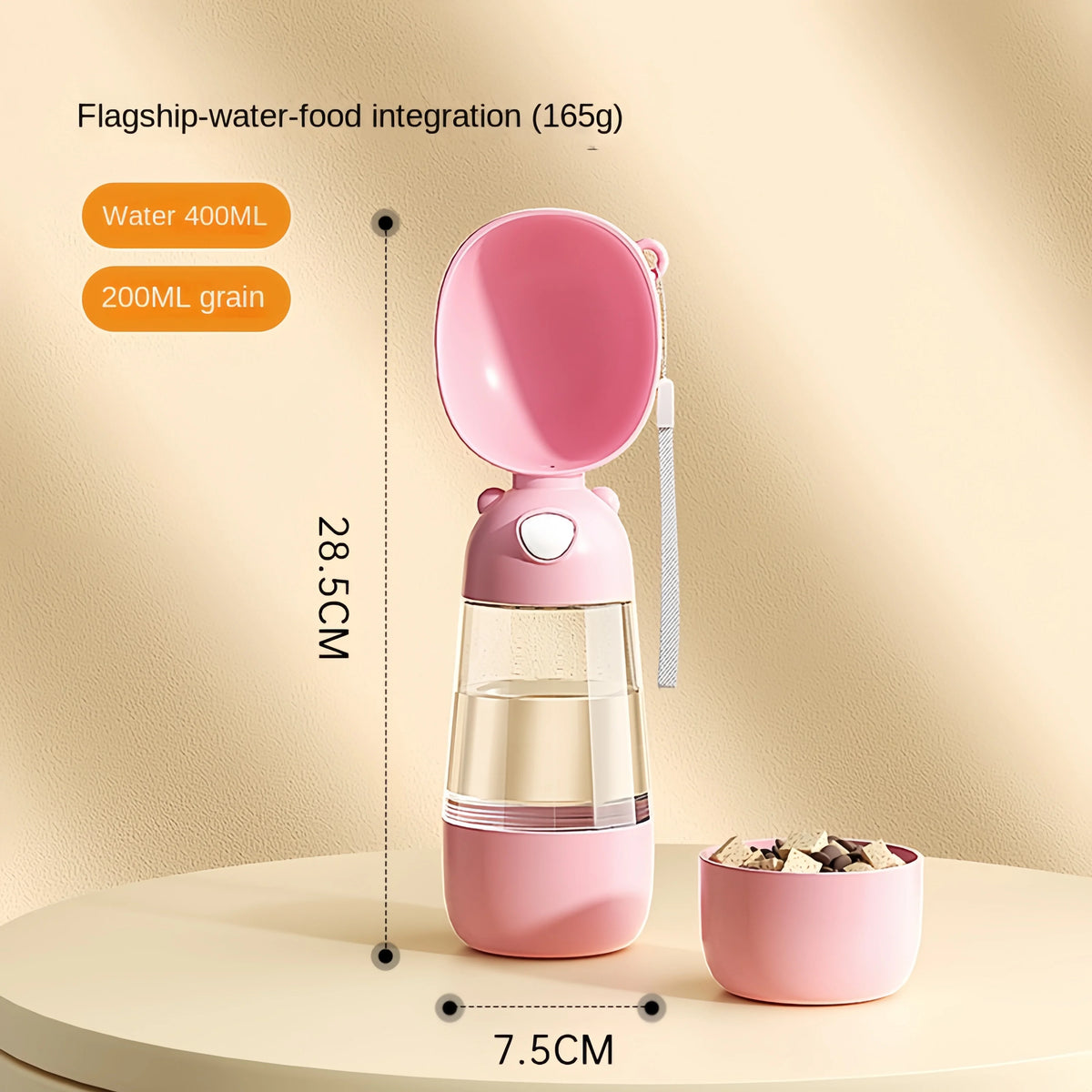 Portable pet water bottle with food dispenser and travel bowl for dogs and cats, made of food-grade material by FanzyMarket.