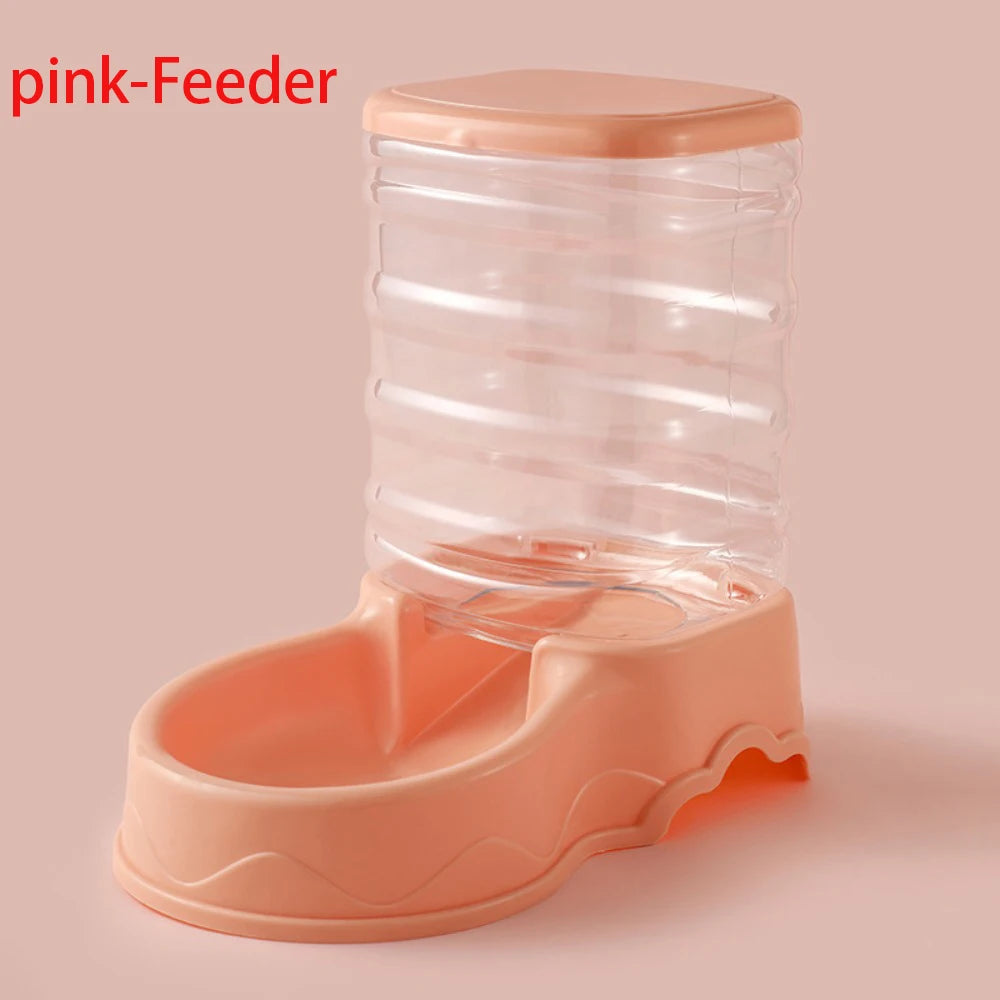 Blue gravity pet feeder and water dispenser for cats and small dogs with transparent PP hopper, in pink, blue, and gray colors.
