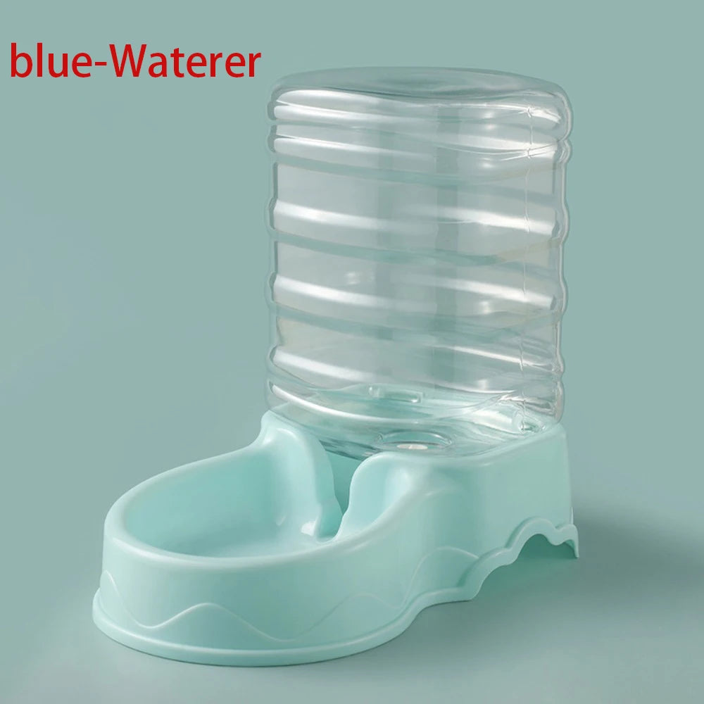 Blue FanzyMarket gravity pet feeder and water dispenser for cats and small dogs, with transparent PP hopper and pink, blue, gray options.