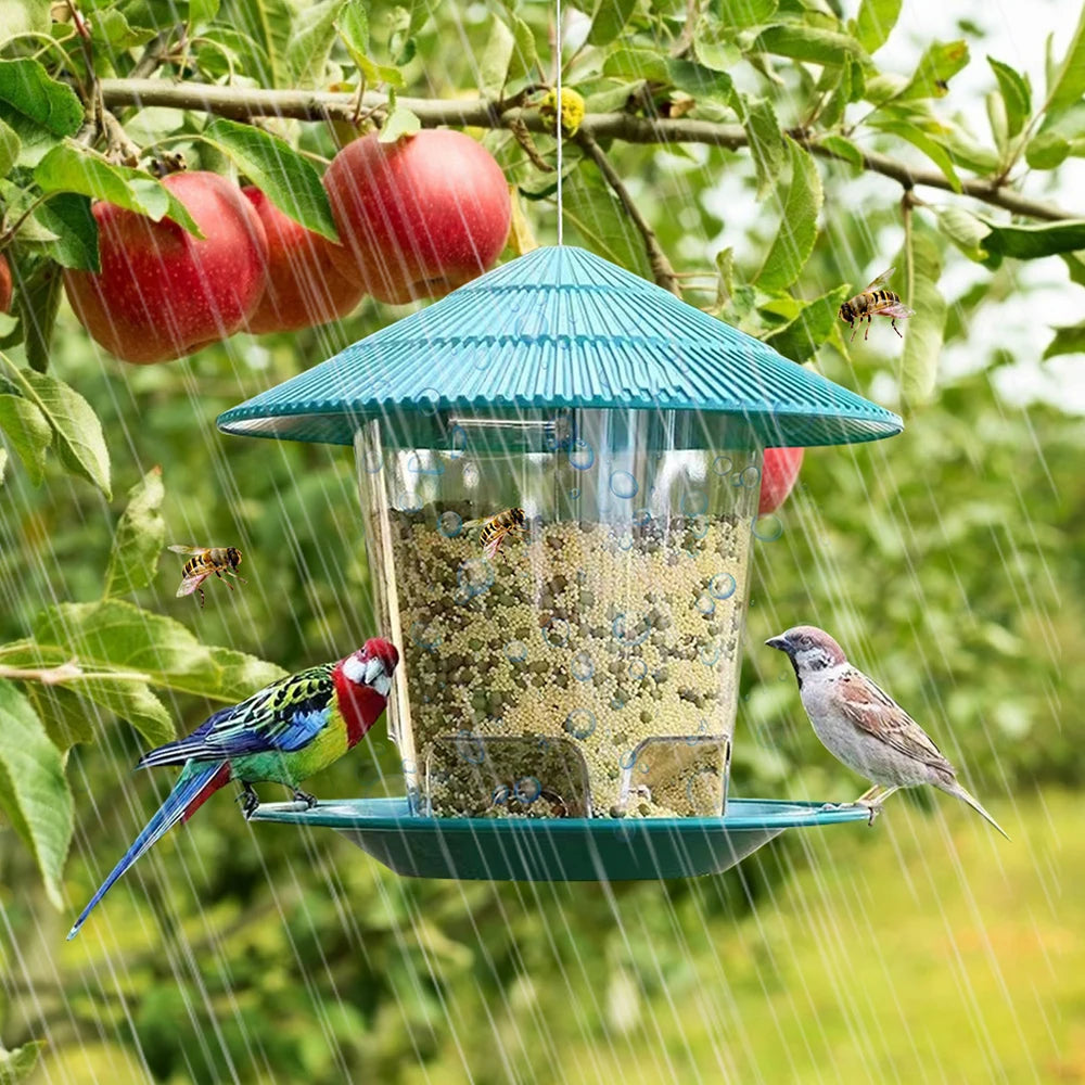 Large FanzyMarket hanging bird feeder with hexagonal design, peanut and seed dispenser, perches for outdoor garden bird feeding.