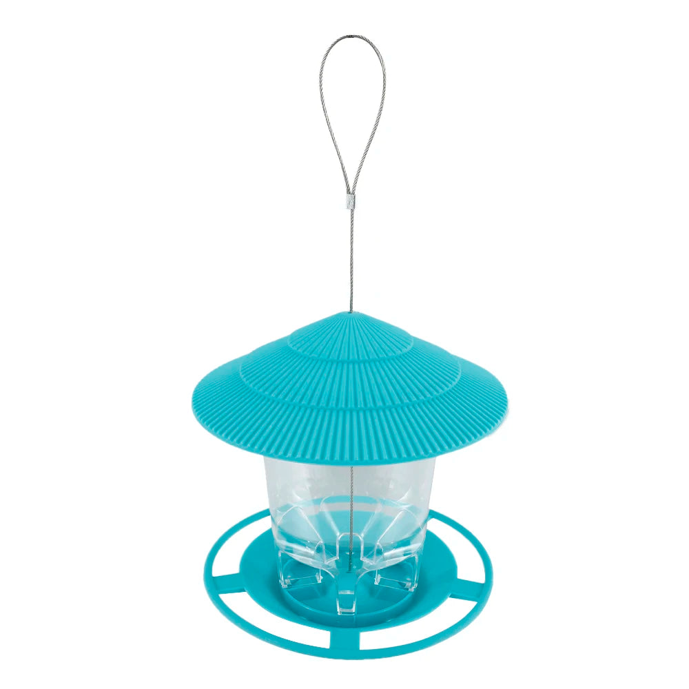 FanzyMarket large blue hanging bird feeder with hexagonal design, peanut and seed dispenser, perches for outdoor garden birds.