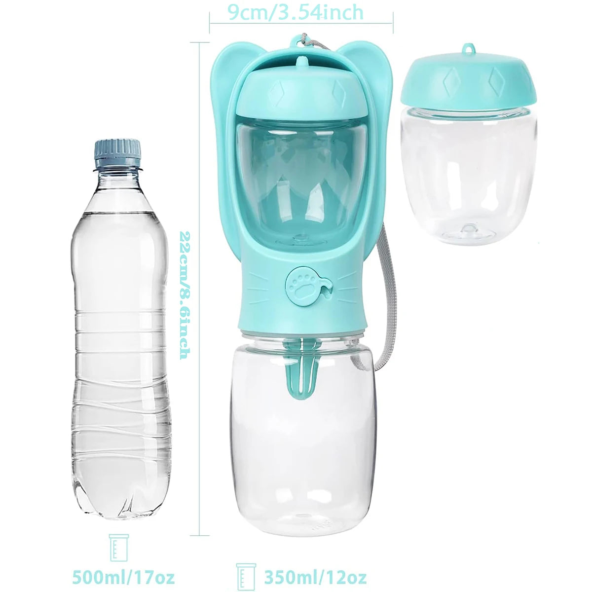 Blue FanzyMarket dog water bottle with detachable food container, leak-proof lock, ideal for travel and hiking with pets.