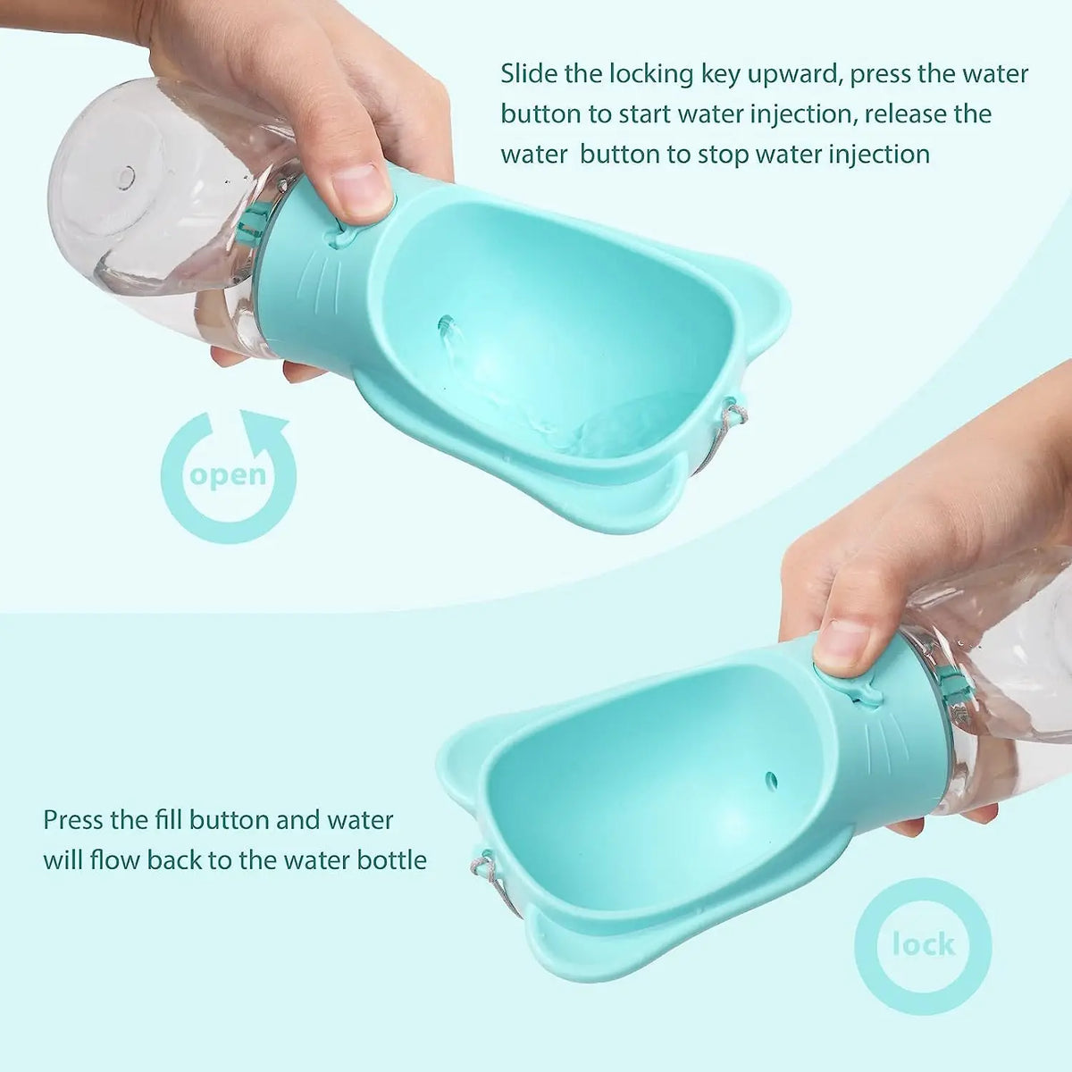 Blue FanzyMarket dog water bottle and dispenser with detachable food container, leak-proof lock, ideal for travel and hiking with pets.
