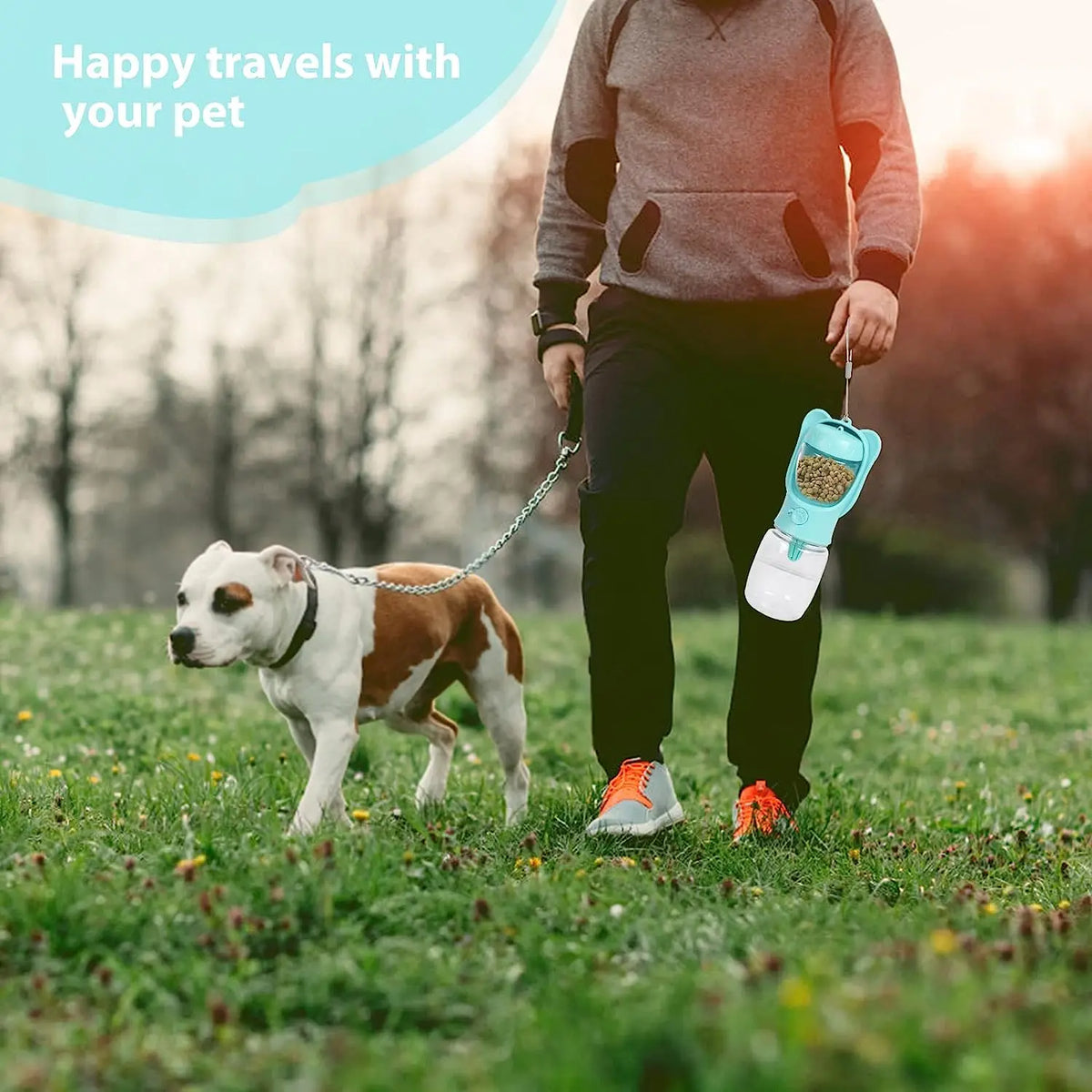 Blue FanzyMarket dog water bottle and dispenser with detachable food container, leak-proof lock, ideal for travel and outdoor hiking.