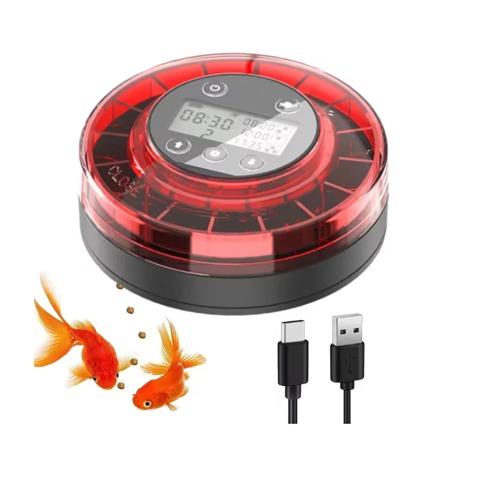 FanzyMarket automatic aquarium fish feeder with LCD timer, USB rechargeable food dispenser, holds 200g of fish food in a sleek design.