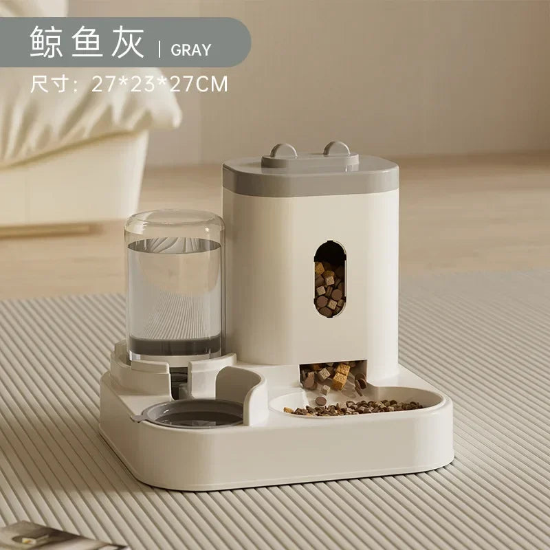 Gold automatic non-electric pet feeder with water fountain, large capacity gravity-fed food and water dispenser for dogs and cats.