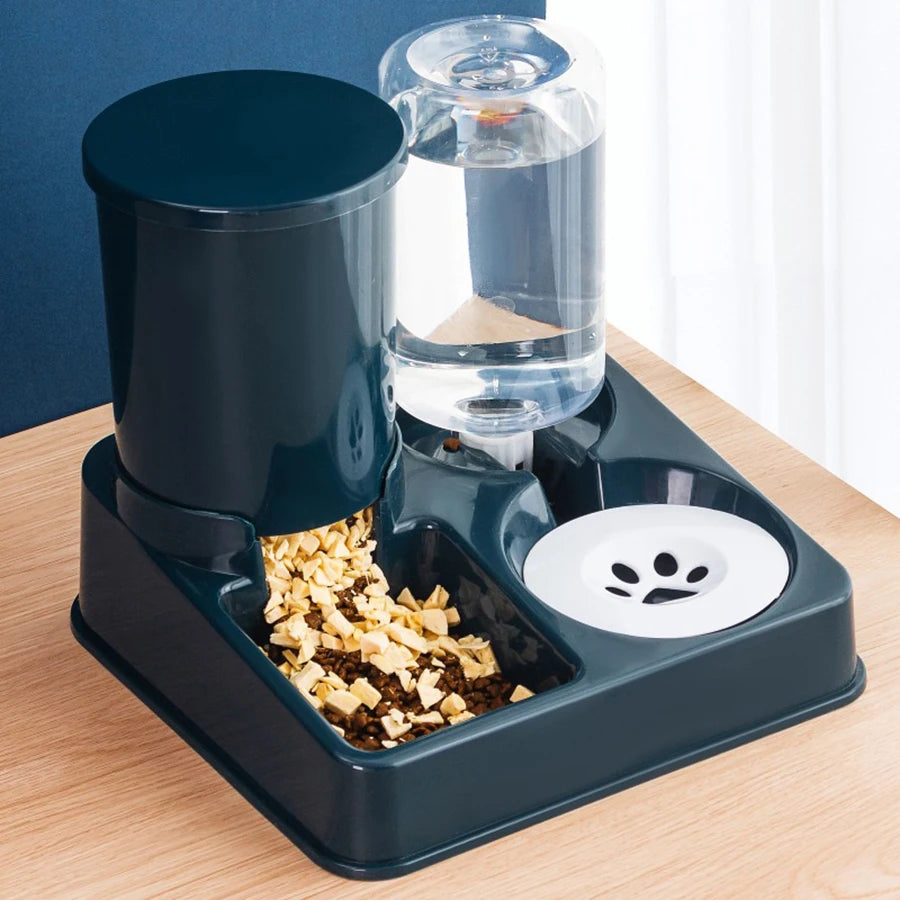 FanzyMarket automatic 2-in-1 gravity pet feeder and water dispenser for cats and small dogs, green tilted design.