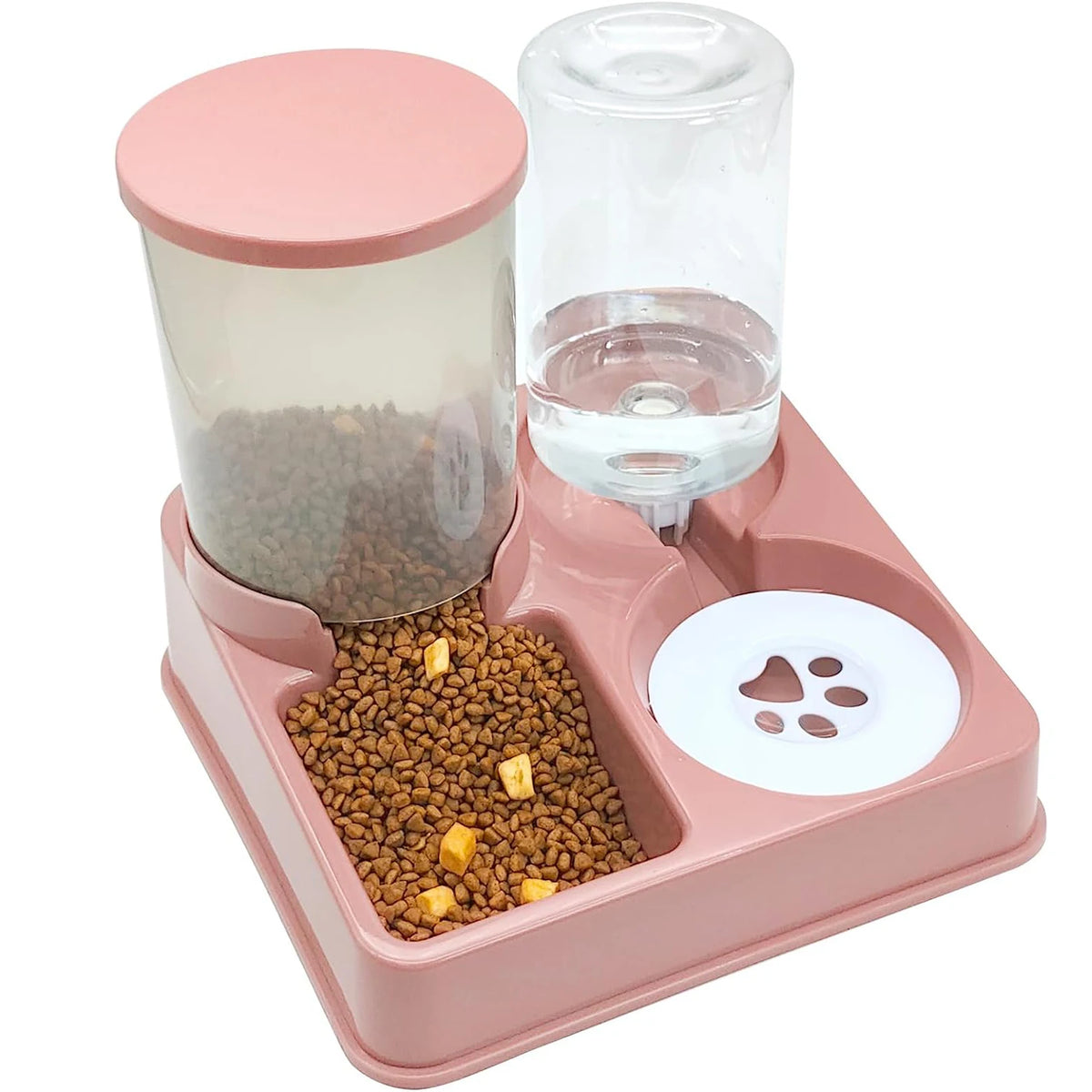 FanzyMarket 2-in-1 gravity pet feeder and water dispenser for cats and small dogs, green, tilted design, automatic feeding and watering.