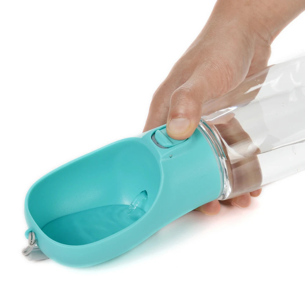 Pink FanzyMarket portable leakproof pet water bottle with built-in bowl for dogs and cats, available in 300, 350, and 550 ml sizes.