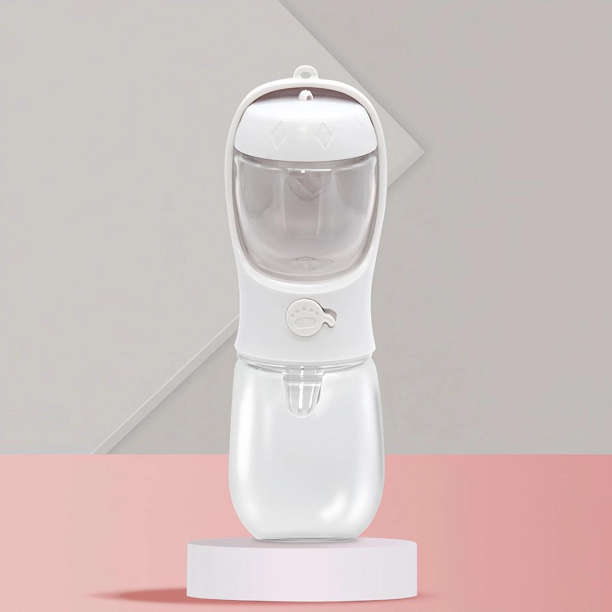 Pink portable pet water bottle with built-in food storage for dogs and cats, ideal for travel, by FanzyMarket.