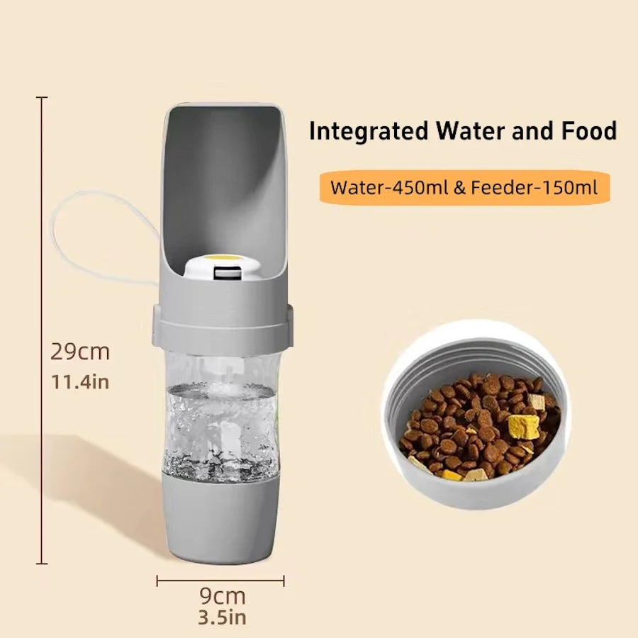 Pink portable 500ml pet water bottle with food storage and foldable bowl, ideal for travel with dogs and cats by FanzyMarket.