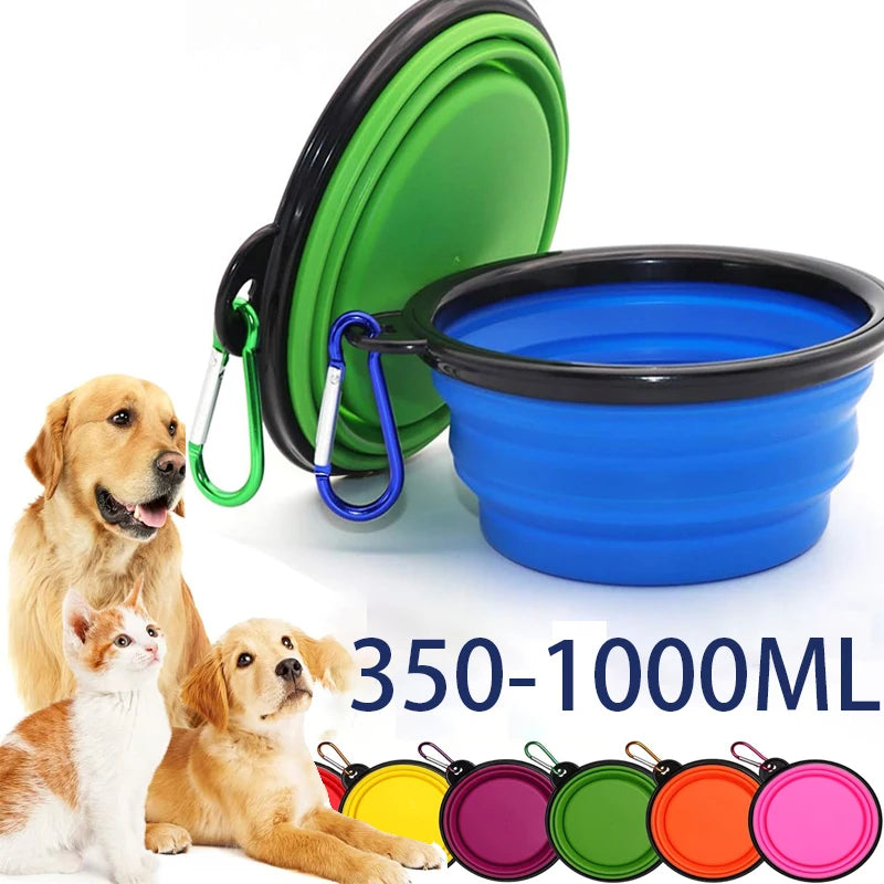 FanzyMarket collapsible silicone pet travel bowl with bottle and carabiner, 650ml capacity for food and water on the go.