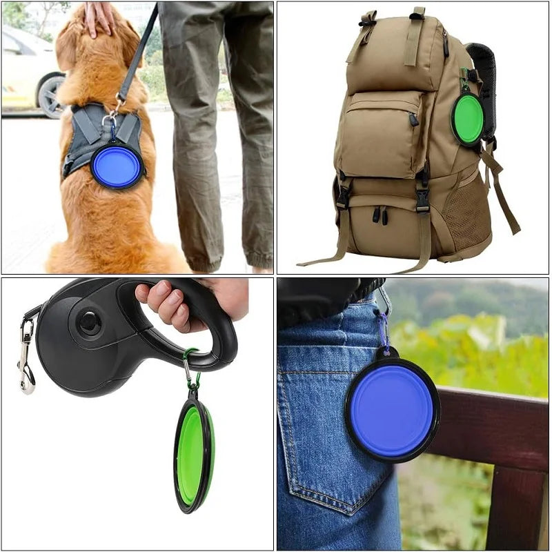 FanzyMarket collapsible silicone pet travel bowl with bottle and carabiner, 650ml capacity, for food and water on the go.