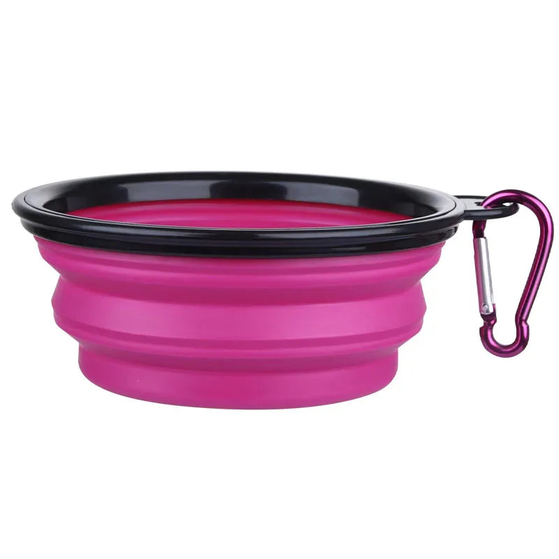 FanzyMarket collapsible silicone pet travel bowl with bottle and carabiner, 650ml, red, 2-in-1 food and water dispenser for pets.