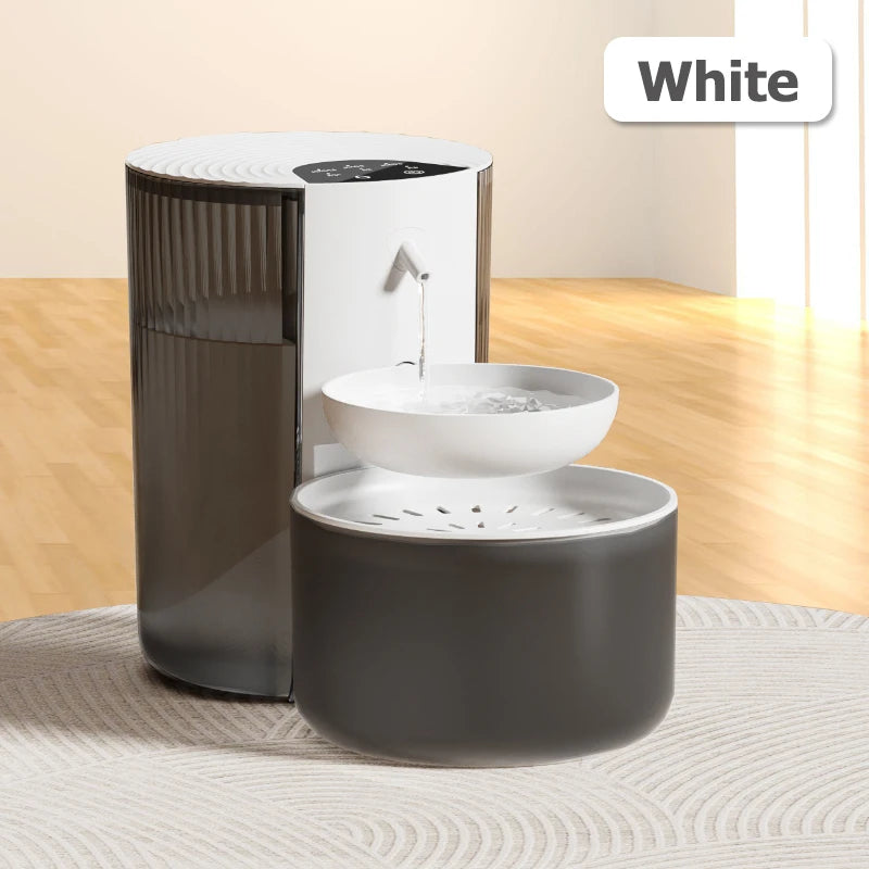 FanzyMarket rechargeable smart pet water dispenser with beige 3L capacity, wireless cat fountain, and automatic dog water feeder.