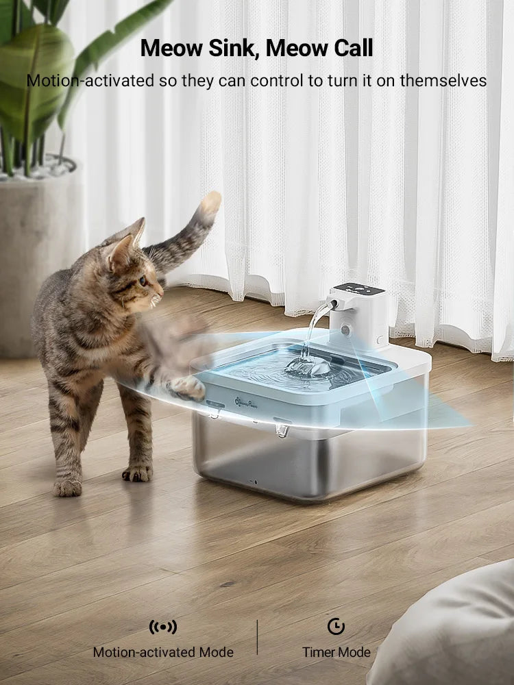 FanzyMarket 2.5L stainless steel cat water fountain with rechargeable battery, wireless design, and motion sensor for pet hydration.