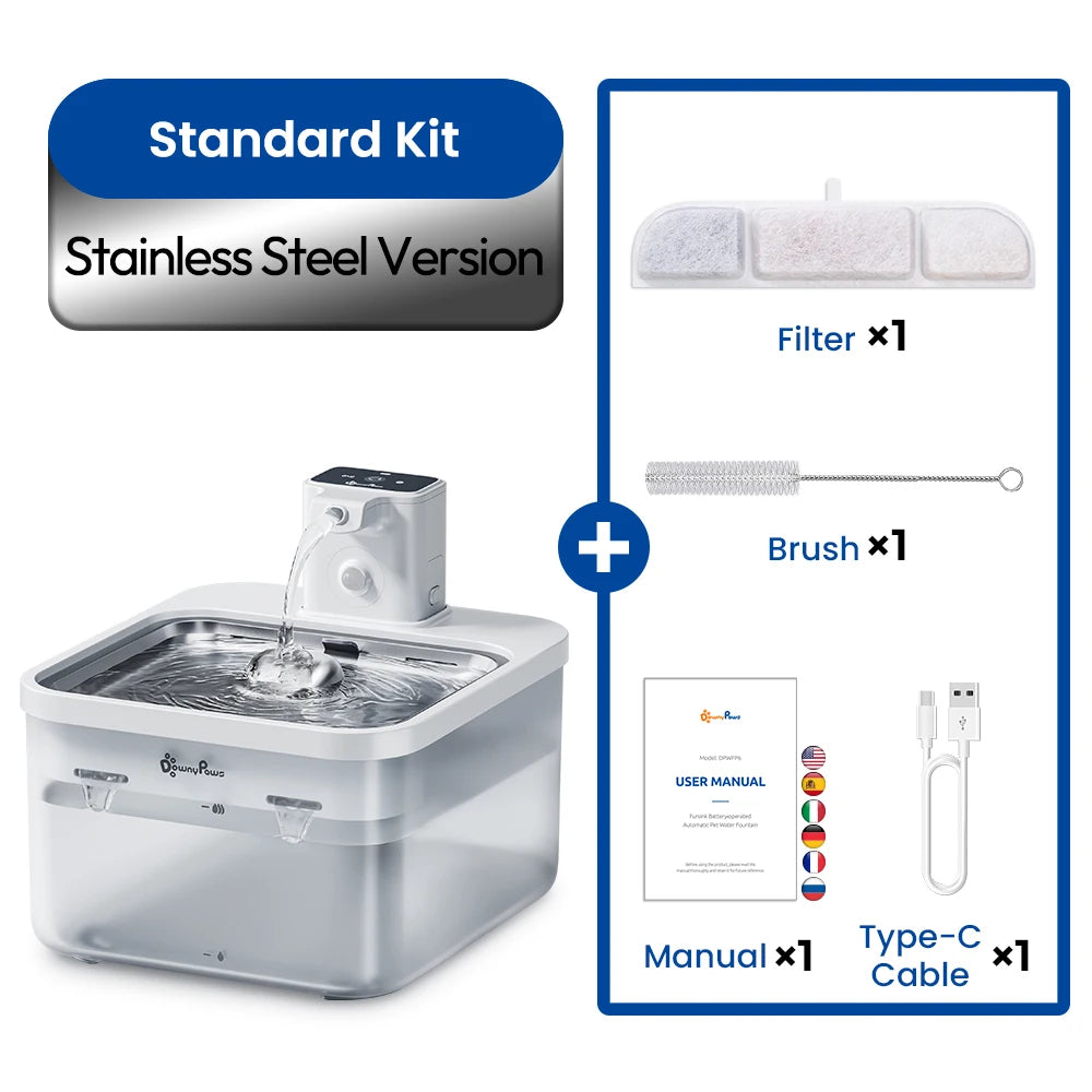 FanzyMarket 2.5L stainless steel cat water fountain with rechargeable battery and motion sensor, ideal for pet hydration.