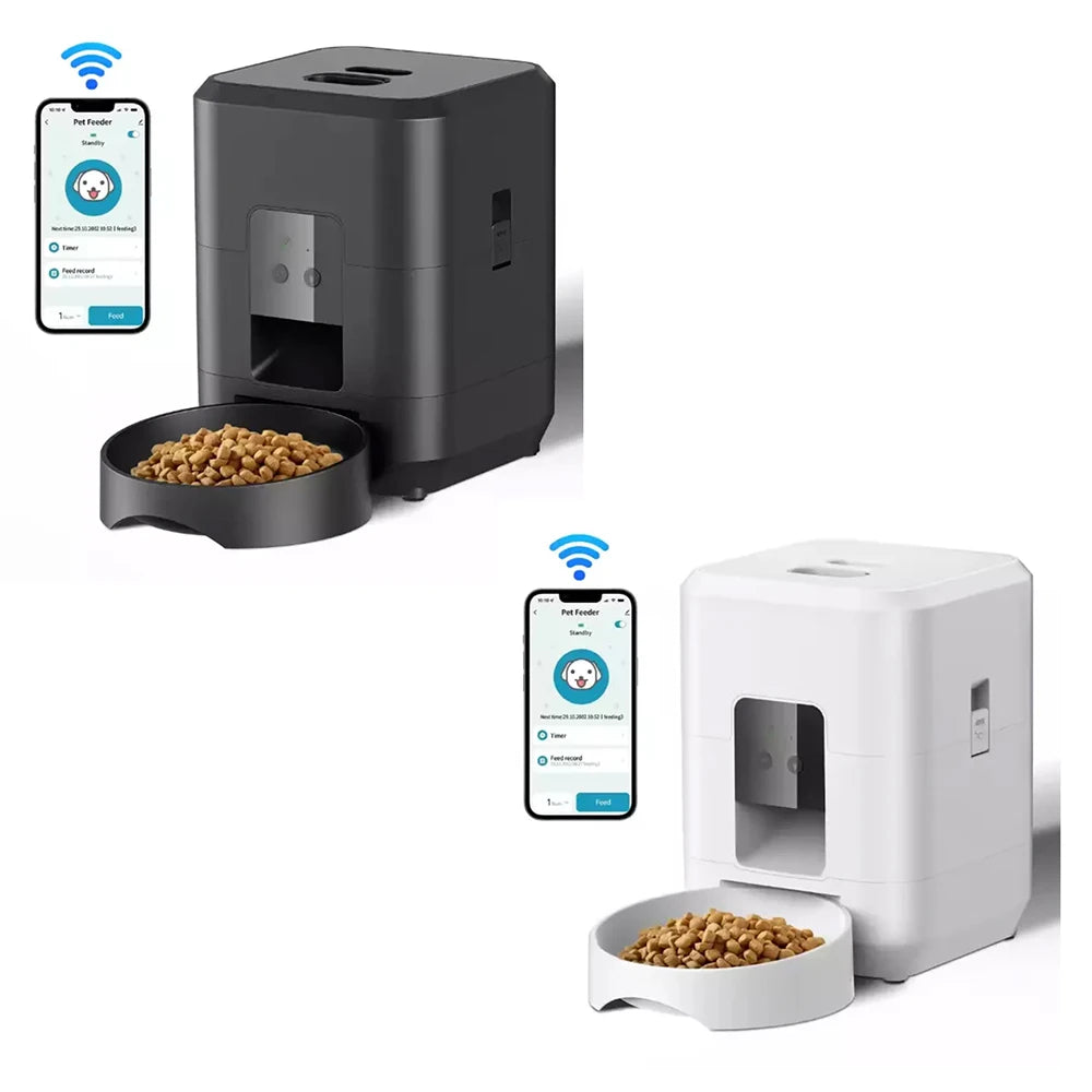 FanzyMarket 2L automatic pet feeder with white design, programmable food dispenser, portion control, and voice recording for cats and dogs.