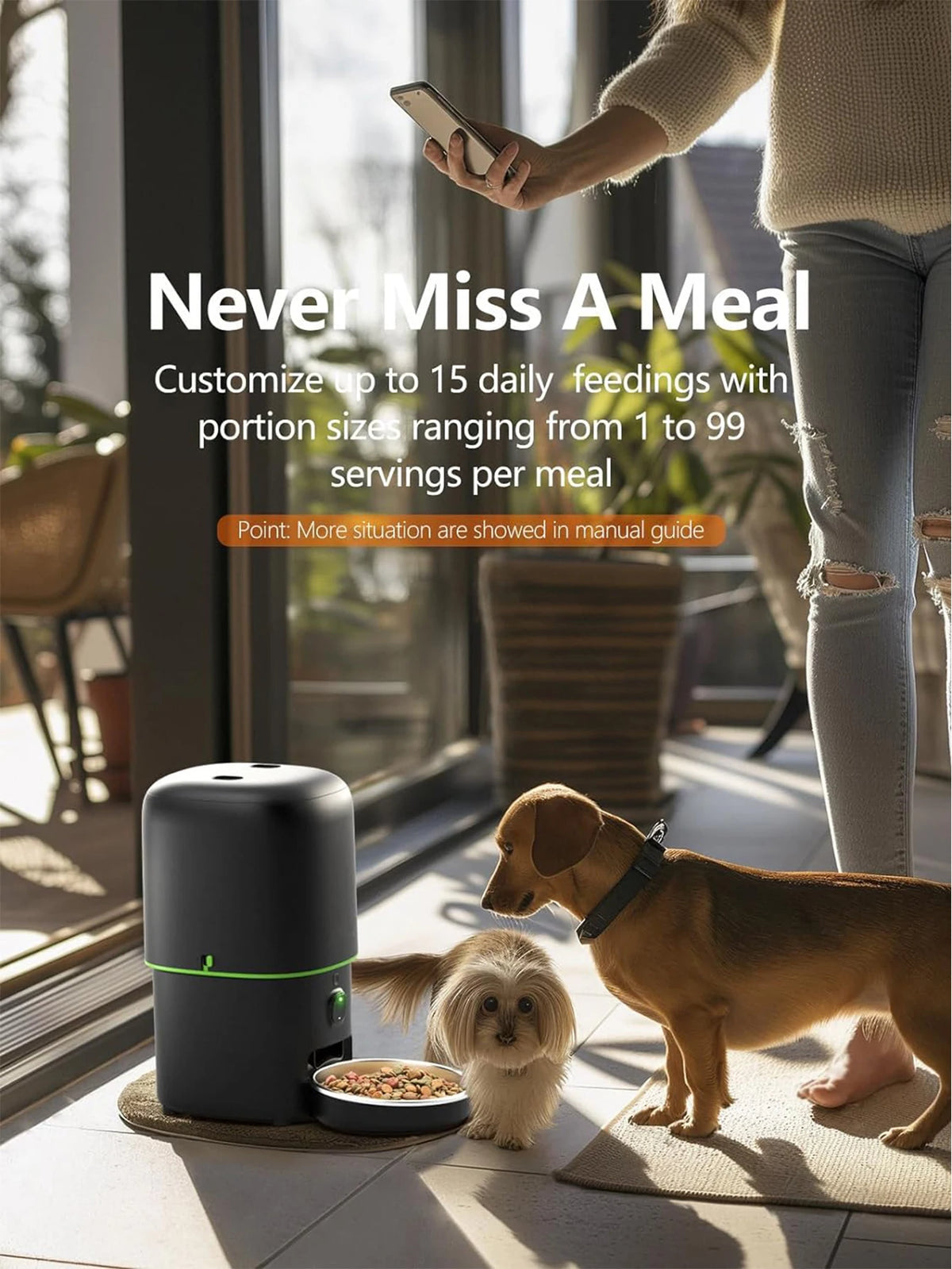 FanzyMarket smart pet feeder with 1080P camera, dual-band WiFi, app control, voice call, and automatic portion dispensing for cats and dogs.