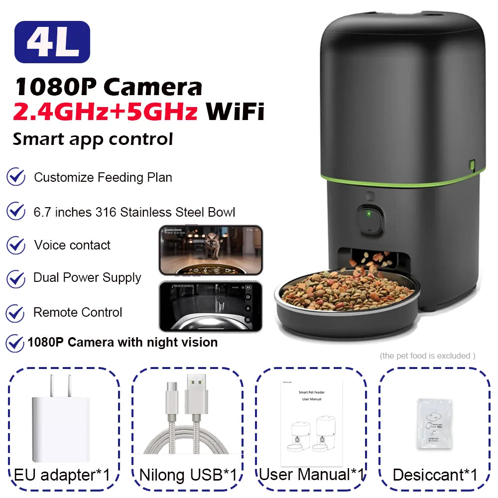 FanzyMarket smart pet feeder with 1080P camera, dual-band WiFi, app control, voice call, and automatic kibble dispenser for cats and dogs.