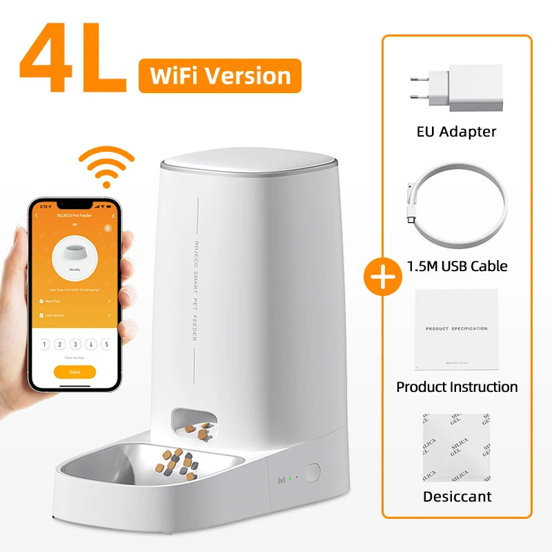 FanzyMarket automatic WiFi pet feeder with 4L bowl, app-controlled portioning for cats and small dogs, featuring timer and remote access.