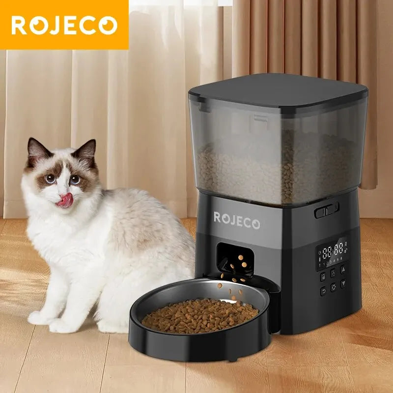 FanzyMarket automatic pet feeder with LCD display, dry food dispenser for cats and dogs, rechargeable and programmable.