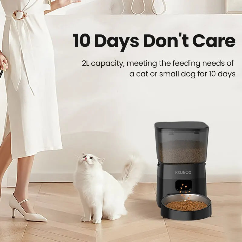 FanzyMarket automatic pet feeder with LCD display, rechargeable dry food dispenser for cats and dogs, with button control and 2L capacity.