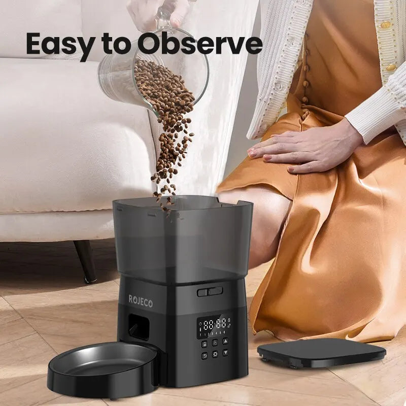 FanzyMarket automatic pet feeder with LCD display, rechargeable dry food dispenser for cats and dogs, with button controls.
