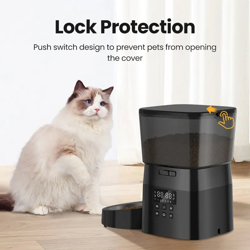 FanzyMarket automatic pet feeder with LCD display, rechargeable, for dry food, suitable for cats and dogs.