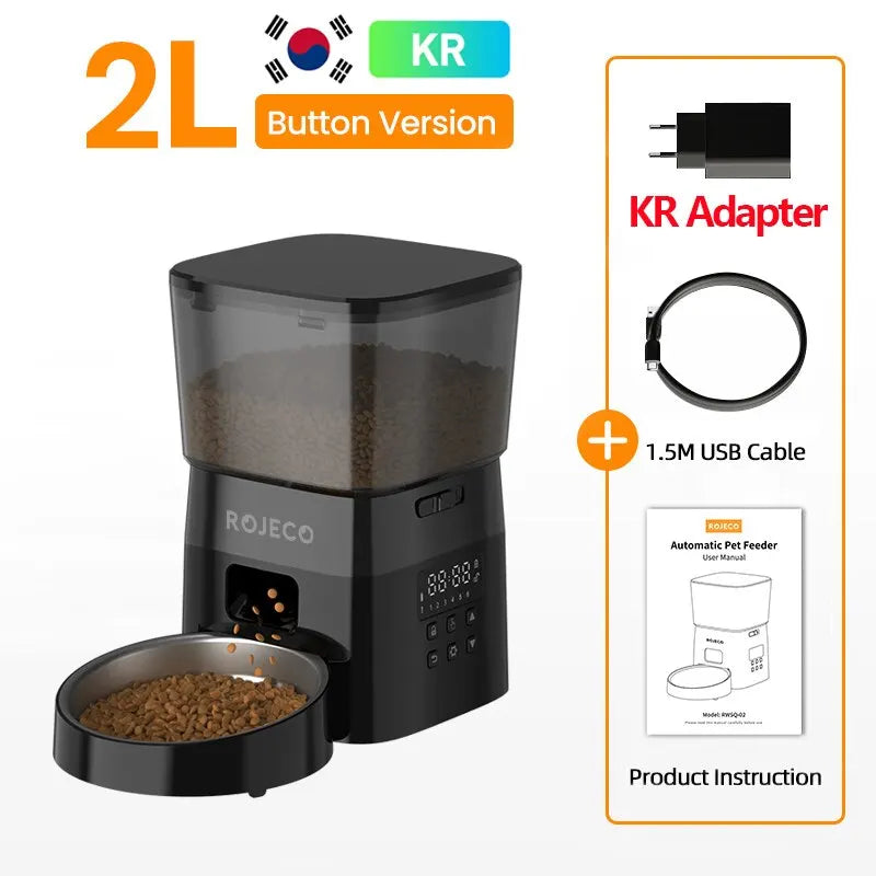 FanzyMarket automatic pet feeder with LCD display, rechargeable, dry food dispenser for cats and dogs, with button controls.