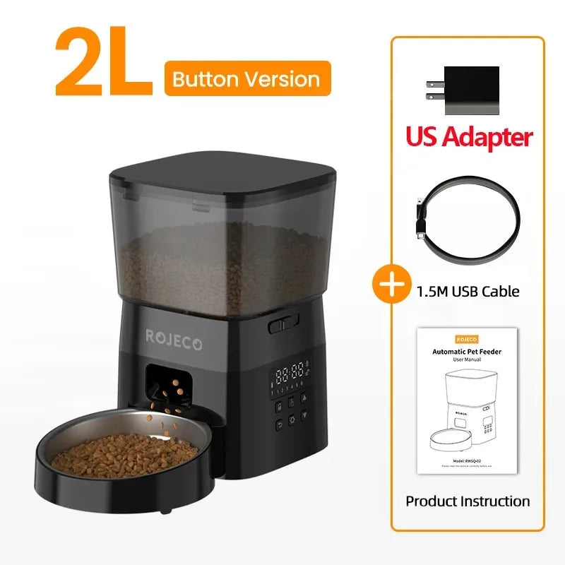 FanzyMarket automatic pet feeder with LCD display, rechargeable dry food dispenser for cats and dogs, with button control.