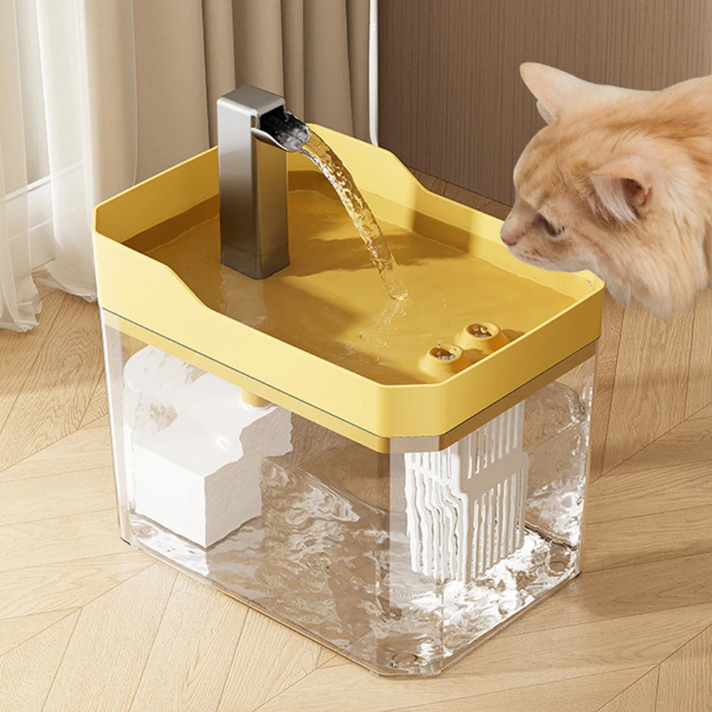 FanzyMarket automatic pet water dispenser and smart feeder for cats and dogs, yellow plastic with recirculating water system.