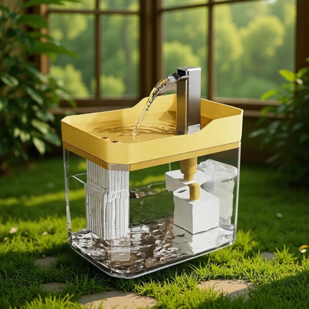 FanzyMarket automatic recirculating pet water dispenser and smart feeder for cats and dogs, with yellow design and digital controls.