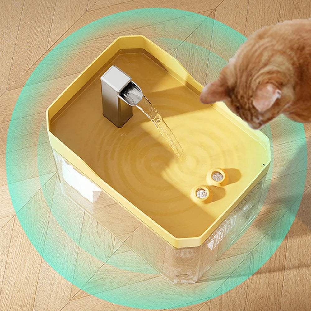 FanzyMarket automatic recirculating pet water dispenser and smart feeder for cats and dogs with yellow water container.