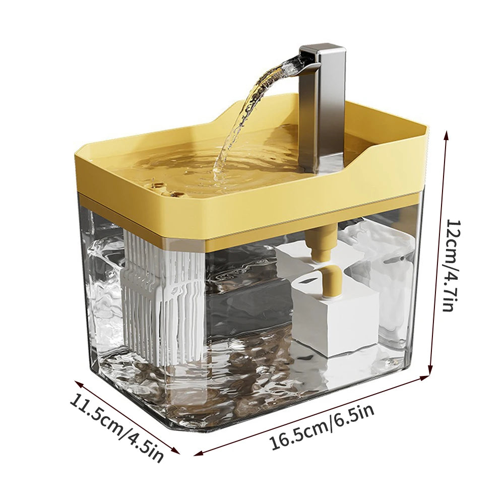 FanzyMarket automatic recirculating pet water dispenser and smart feeder for cats and dogs, with yellow water reservoir.