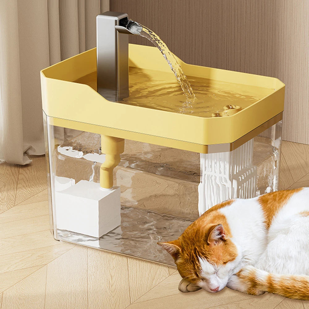 FanzyMarket automatic recirculating pet water dispenser and smart feeder for cats and dogs, with yellow design and water circulation system.