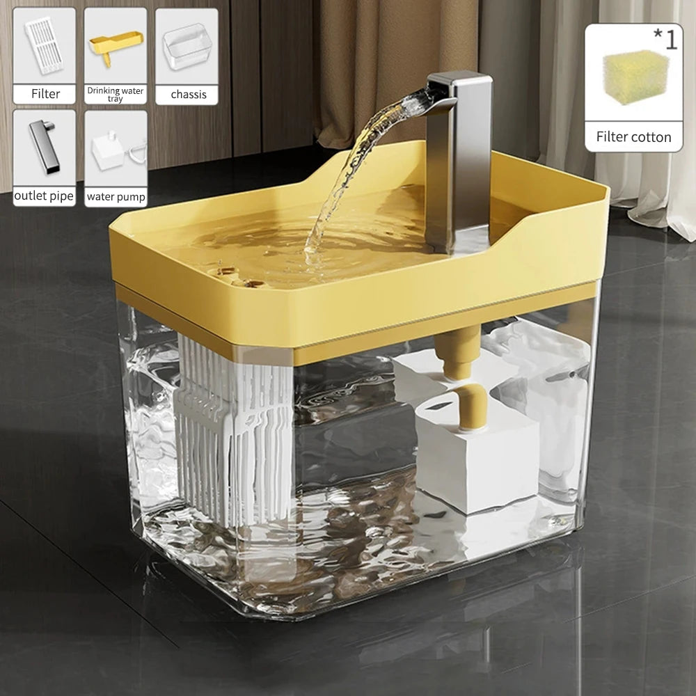 FanzyMarket automatic pet water dispenser and smart feeder for cats and dogs, with yellow water container and recirculating system