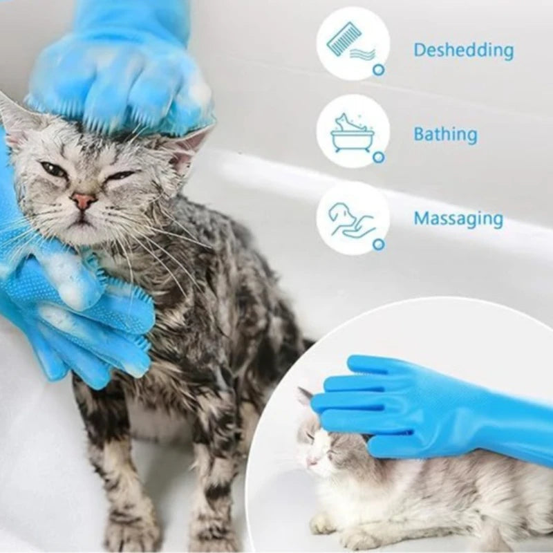 Blue FanzyMarket pet grooming gloves for dogs and cats, ideal for bathing, massaging, and hair removal.