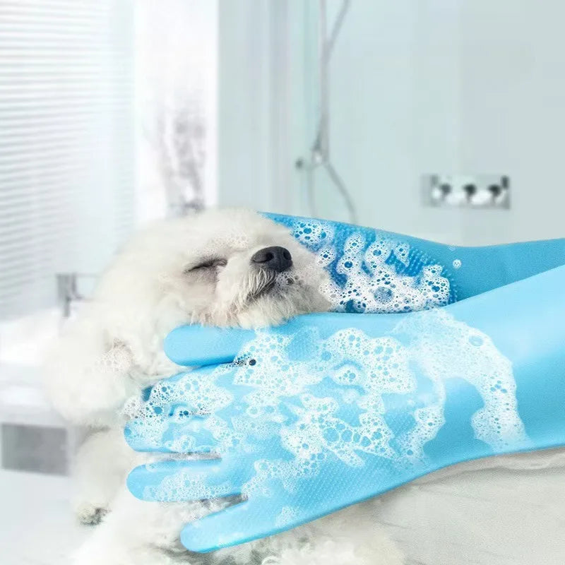 Blue FanzyMarket pet grooming gloves for dogs and cats, designed for bathing, massage, and hair removal, 2-pack.