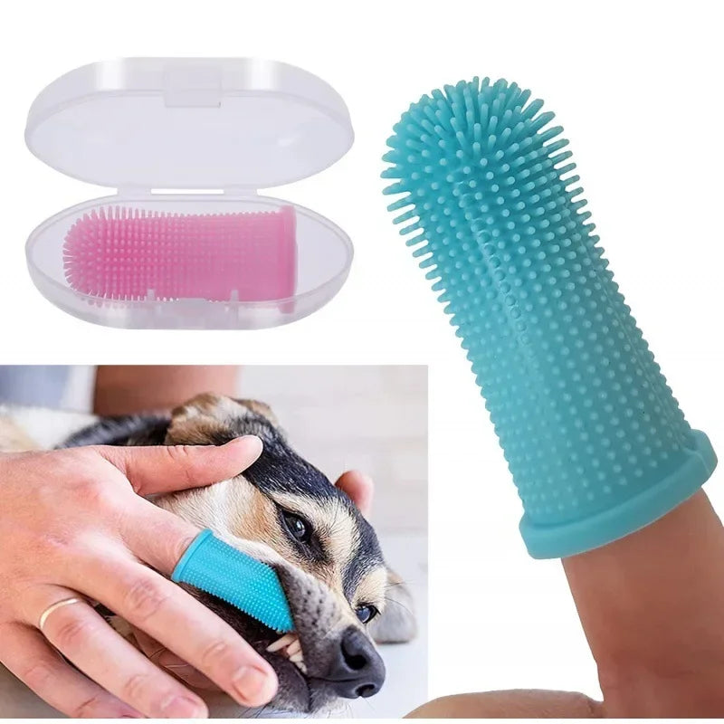 Blue silicone finger toothbrush for dogs and cats, ultra-soft, non-toxic, with a storage case for easy pet dental grooming.