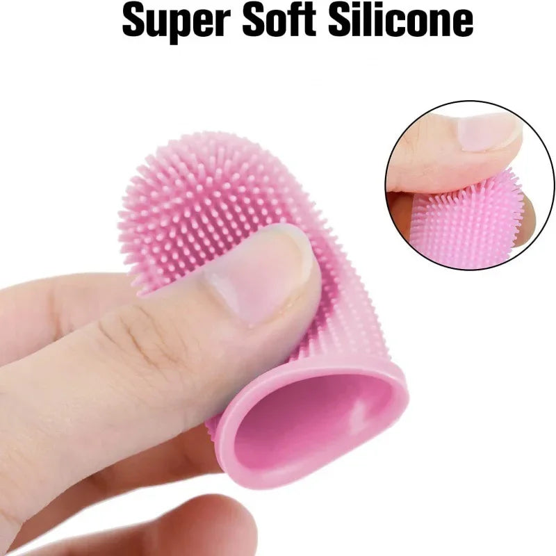 Blue silicone finger toothbrush for dogs and cats, ultra-soft, non-toxic pet grooming tool with storage case by FanzyMarket.