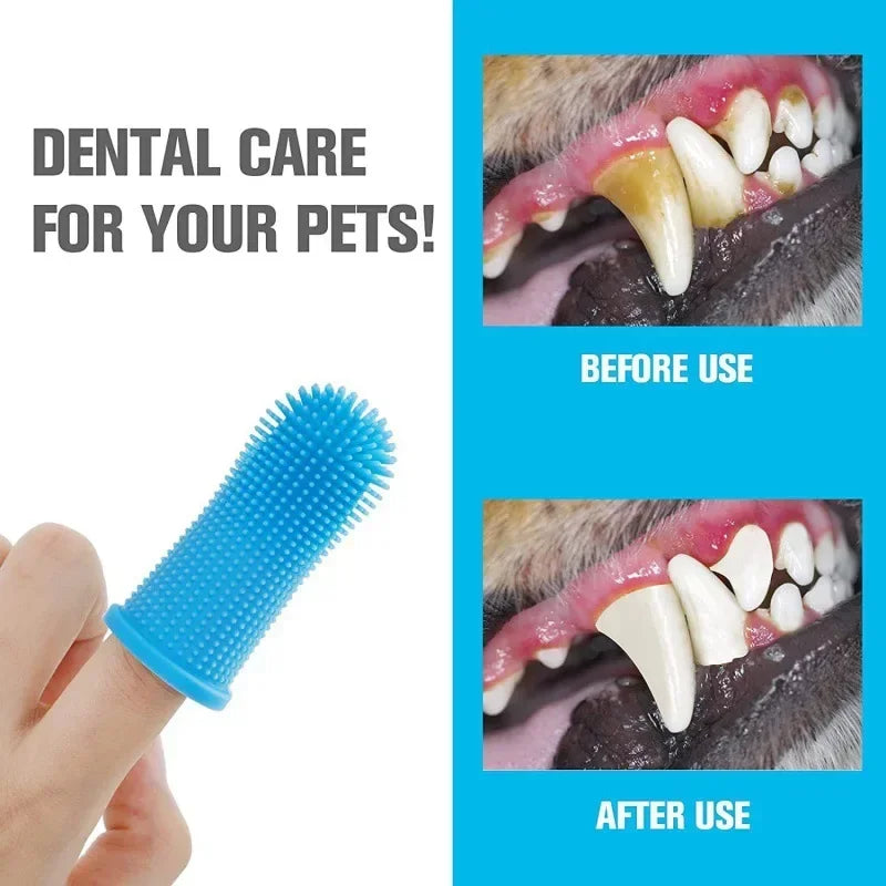 Blue silicone finger toothbrush for dogs and cats, ultra-soft, non-toxic, with storage case, ideal for pet dental hygiene.