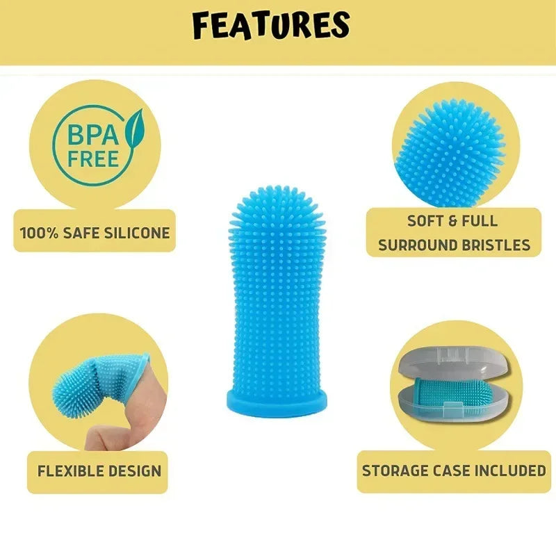 Blue silicone finger toothbrush for dogs and cats, ultra-soft, non-toxic pet grooming tool with storage case by FanzyMarket.