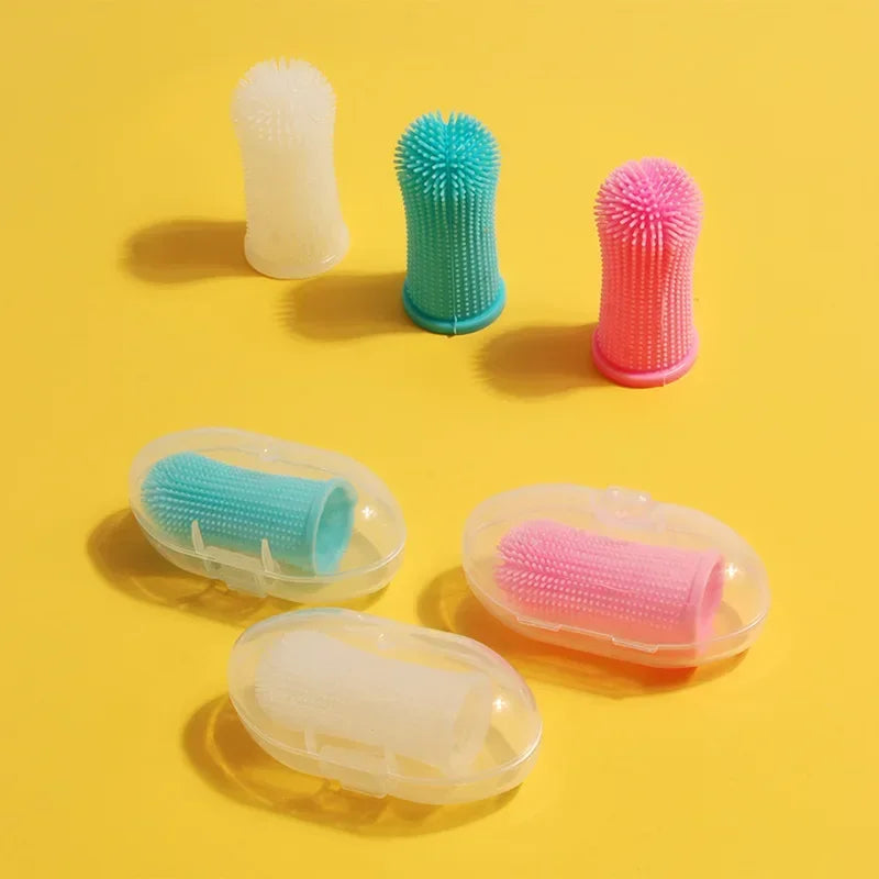 Blue silicone finger toothbrush for dogs and cats, ultra-soft, non-toxic pet grooming tool with storage case by FanzyMarket.